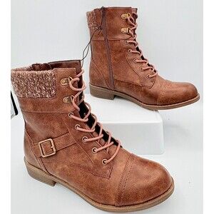 Falls Creek Marie New Brown Faux Leather Knit Trim Combat Boots size 10M